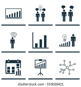 Set Of 9 Administration Icons. Includes Presentation Date, Conversation, Decision Making And Other Symbols. Beautiful Design Elements.