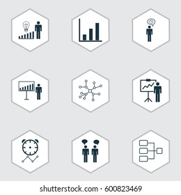 Set Of 9 Administration Icons. Includes Planning, Project Presentation, Team Meeting And Other Symbols. Beautiful Design Elements.