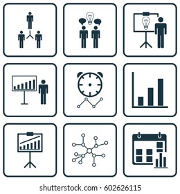 Set Of 9 Administration Icons. Includes Project Presentation, Conversation, Group Organization And Other Symbols. Beautiful Design Elements.