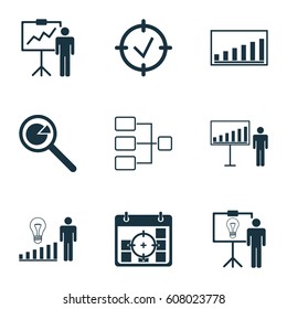 Set Of 9 Administration Icons. Includes Project Analysis, Project Presentation, Solution Demonstration And Other Symbols. Beautiful Design Elements.