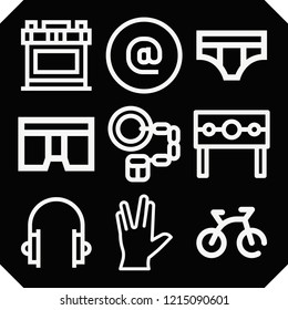 Set of 9 adult outline icons such as bike, handcuffs, punishment, vulcan salute, car battery, at, underwear