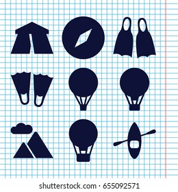 Set of 9 adventure filled icons such as tent, mountain, air balloon, flippers, rowing boat