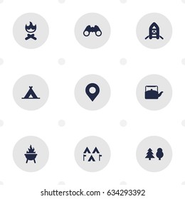 Set Of 9 Adventure Icons Set.Collection Of Inflatable Raft, Kettle, Bbq And Other Elements.