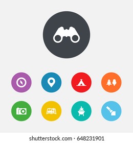 Set Of 9 Adventure Icons Set.Collection Of Tree, Flashlight, Optical Zoom And Other Elements.