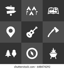 Set Of 9 Adventure Icons Set.Collection Of Camp, Map, Acoustic And Other Elements.