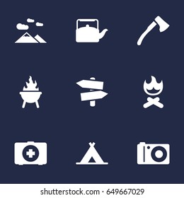 Set Of 9 Adventure Icons Set.Collection Of Wood Axe, Bbq, Landscape Elements.