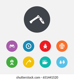 Set Of 9 Adventure Icons Set.Collection Of Magnet Navigatior, Jackknife, Campfire And Other Elements.