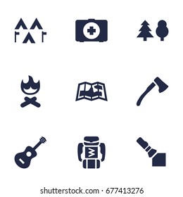 Set Of 9 Adventure Icons Set.Collection Of Campfire, First Aid Box, Backpack And Other Elements.