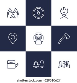 Set Of 9 Adventure Outline Icons Set.Collection Of Ax, Teapot, Bonfire And Other Elements.