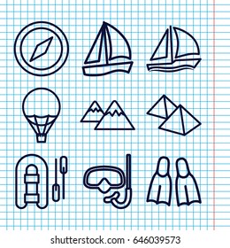 Set of 9 adventure outline icons such as mountain, flippers, sailboat, air balloon, snorkel, compass