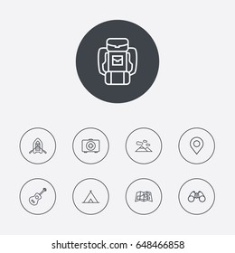 Set Of 9 Adventure Outline Icons Set.Collection Of Place Pointer, Medical Kit, Guitar And Other Elements.