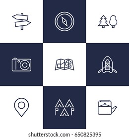 Set Of 9 Adventure Outline Icons Set.Collection Of Place Pointer, Compass, Rubber Boat And Other Elements.