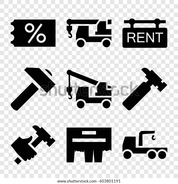Set of 9 advertising filled icons such as hummer,\
truck with hook, rent tag,\
ad