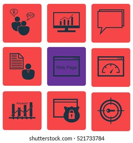 Set Of 9 Advertising Icons. Can Be Used For Web, Mobile, UI And Infographic Design. Includes Elements Such As Analytics, Target, Protected And More.