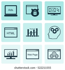 Set Of 9 Advertising Icons. Can Be Used For Web, Mobile, UI And Infographic Design. Includes Elements Such As Ranking, Keyword, Email And More.