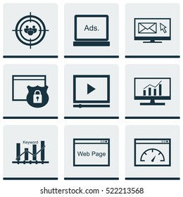 Set Of 9 Advertising Icons. Can Be Used For Web, Mobile, UI And Infographic Design. Includes Elements Such As Display, Browser, Optimization And More.