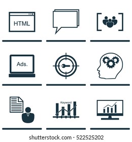 Set Of 9 Advertising Icons. Can Be Used For Web, Mobile, UI And Infographic Design. Includes Elements Such As Consulting, Optimization, HTML And More.