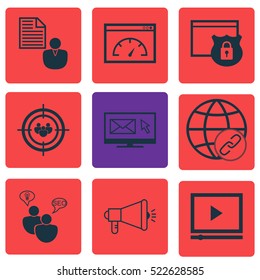 Set Of 9 Advertising Icons. Can Be Used For Web, Mobile, UI And Infographic Design. Includes Elements Such As Viral, SEO, Advertising And More.