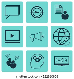 Set Of 9 Advertising Icons. Can Be Used For Web, Mobile, UI And Infographic Design. Includes Elements Such As Client, Bulding, Email And More.