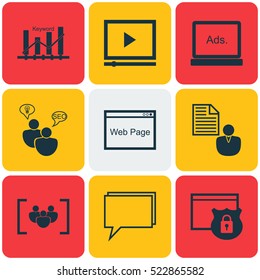 Set Of 9 Advertising Icons. Can Be Used For Web, Mobile, UI And Infographic Design. Includes Elements Such As Video, SEO, Display And More.