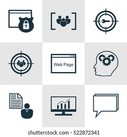 Set Of 9 Advertising Icons. Can Be Used For Web, Mobile, UI And Infographic Design. Includes Elements Such As Keyword, Protected, Dynamics And More.