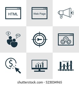 Set Of 9 Advertising Icons. Can Be Used For Web, Mobile, UI And Infographic Design. Includes Elements Such As Pay, SEO, Viral And More.