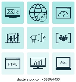 Set Of 9 Advertising Icons. Can Be Used For Web, Mobile, UI And Infographic Design. Includes Elements Such As Newsletter, Questionnaire, Keyword Optimisation And More.