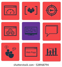 Set Of 9 Advertising Icons. Can Be Used For Web, Mobile, UI And Infographic Design. Includes Elements Such As Keyword Marketing, Web Page Performance, Conference And More.