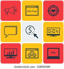 Set Of 9 Advertising Icons. Can Be Used For Web, Mobile, UI And Infographic Design. Includes Elements Such As Website, Conference, Focus Group And More.