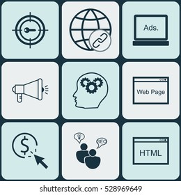 Set Of 9 Advertising Icons. Can Be Used For Web, Mobile, UI And Infographic Design. Includes Elements Such As PPC, Keyword Marketing, Digital Media And More.