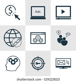 Set Of 9 Advertising Icons. Can Be Used For Web, Mobile, UI And Infographic Design. Includes Elements Such As Intellectual Process, Keyword Marketing, Newsletter And More.