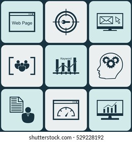 Set Of 9 Advertising Icons. Can Be Used For Web, Mobile, UI And Infographic Design. Includes Elements Such As Intellectual Process, Website, Keyword Optimisation And More.