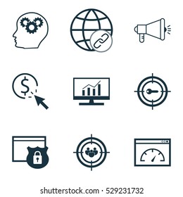 Set Of 9 Advertising Icons. Can Be Used For Web, Mobile, UI And Infographic Design. Includes Elements Such As Market Research, Loading Speed, Intellectual Process And More.