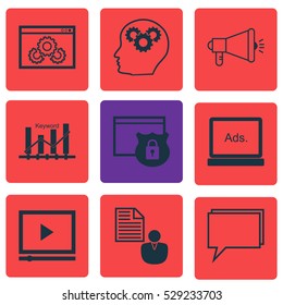 Set Of 9 Advertising Icons. Can Be Used For Web, Mobile, UI And Infographic Design. Includes Elements Such As Keyword Optimisation, Media Campaign, Video Player And More.