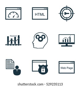 Set Of 9 Advertising Icons. Can Be Used For Web, Mobile, UI And Infographic Design. Includes Elements Such As Keyword Optimisation, Security, Report And More.