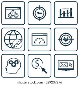 Set Of 9 Advertising Icons. Can Be Used For Web, Mobile, UI And Infographic Design. Includes Elements Such As Intellectual Process, Loading Speed, Keyword Optimisation And More.