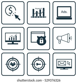 Set Of 9 Advertising Icons. Can Be Used For Web, Mobile, UI And Infographic Design. Includes Elements Such As Focus Group, Market Research, Digital Media And More.