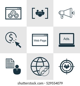 Set Of 9 Advertising Icons. Can Be Used For Web, Mobile, UI And Infographic Design. Includes Elements Such As Website, Questionnaire, Connectivity And More.
