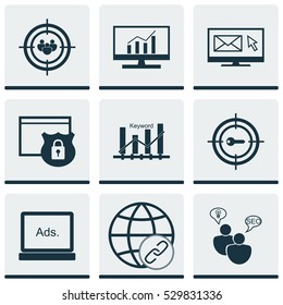 Set Of 9 Advertising Icons. Can Be Used For Web, Mobile, UI And Infographic Design. Includes Elements Such As Keyword Marketing, Connectivity, Newsletter And More.