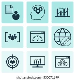 Set Of 9 Advertising Icons. Can Be Used For Web, Mobile, UI And Infographic Design. Includes Elements Such As Keyword Optimisation, Report, Web Page Performance And More.