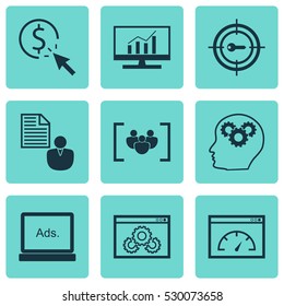 Set Of 9 Advertising Icons. Can Be Used For Web, Mobile, UI And Infographic Design. Includes Elements Such As Report, Intellectual Process, Keyword Marketing And More.