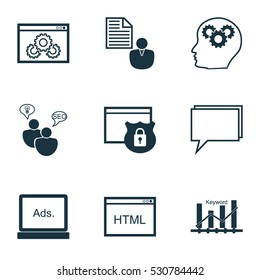 Set Of 9 Advertising Icons. Can Be Used For Web, Mobile, UI And Infographic Design. Includes Elements Such As Intellectual Process, Search Optimization, Security And More.