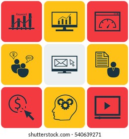 Set Of 9 Advertising Icons. Includes Search Optimization, Keyword Optimisation, Intellectual Process And Other Symbols. Beautiful Design Elements.