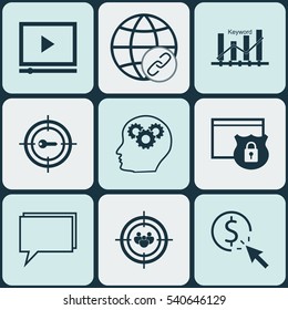 Set Of 9 Advertising Icons. Includes Focus Group, Connectivity, PPC And Other Symbols. Beautiful Design Elements.