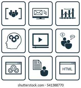 Set Of 9 Advertising Icons. Includes Intellectual Process, Coding, Newsletter And Other Symbols. Beautiful Design Elements.