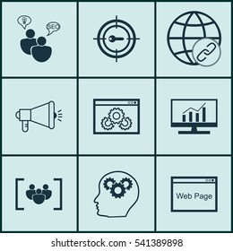 Set Of 9 Advertising Icons. Includes Web Page Performance, Market Research, Search Optimization And Other Symbols. Beautiful Design Elements.