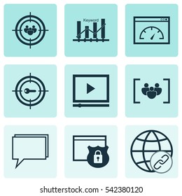 Set Of 9 Advertising Icons. Includes Keyword Marketing, Questionnaire, Video Player And Other Symbols. Beautiful Design Elements.