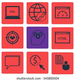 Set Of 9 Advertising Icons. Includes Coding, Conference, PPC And Other Symbols. Beautiful Design Elements.