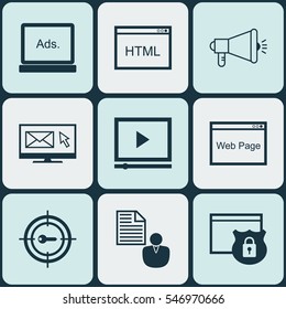 Set Of 9 Advertising Icons. Includes Digital Media, Media Campaign, Newsletter And Other Symbols. Beautiful Design Elements.