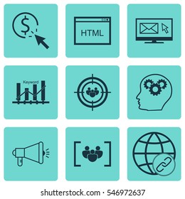 Set Of 9 Advertising Icons. Includes PPC, Media Campaign, Intellectual Process And Other Symbols. Beautiful Design Elements.